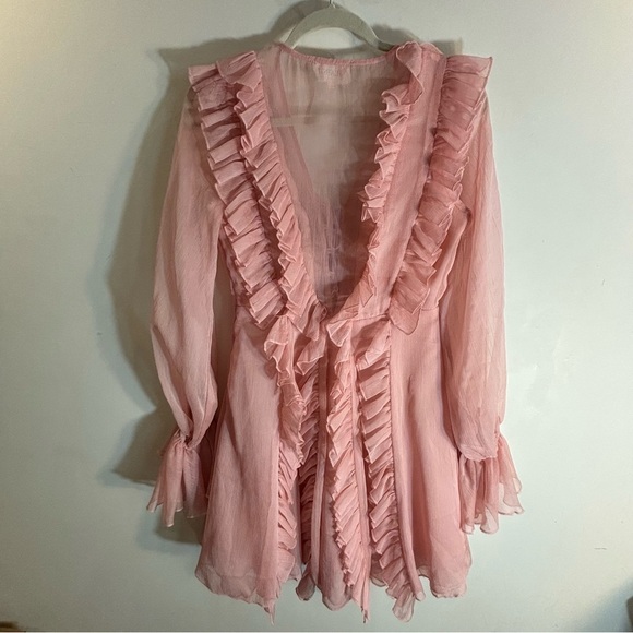 L'ATISTE Sz S Blush Pink Sheer Dress with Ruffles And Balloon Sleeves Lined Ties - Picture 10 of 11
